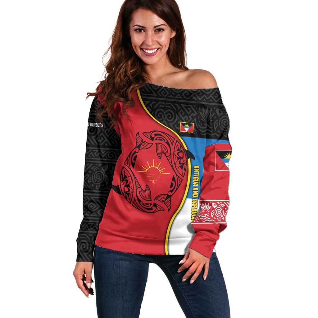 Antigua and Barbuda Tribal Off Shoulder Sweater with Polynesian Dolphin Sun Design with National Flag Colors - Wonder Print Shop