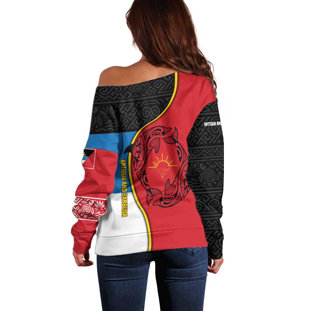 Antigua and Barbuda Tribal Off Shoulder Sweater with Polynesian Dolphin Sun Design with National Flag Colors - Wonder Print Shop