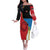 Antigua and Barbuda Tribal Off The Shoulder Long Sleeve Dress with Polynesian Dolphin Sun Design with National Flag Colors - Wonder Print Shop