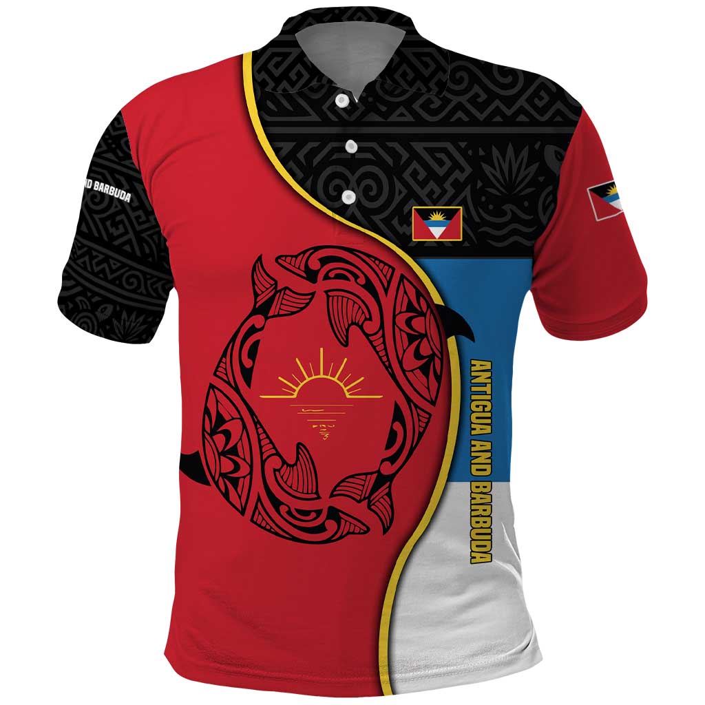 Antigua and Barbuda Tribal Polo Shirt with Polynesian Dolphin Sun Design with National Flag Colors - Wonder Print Shop