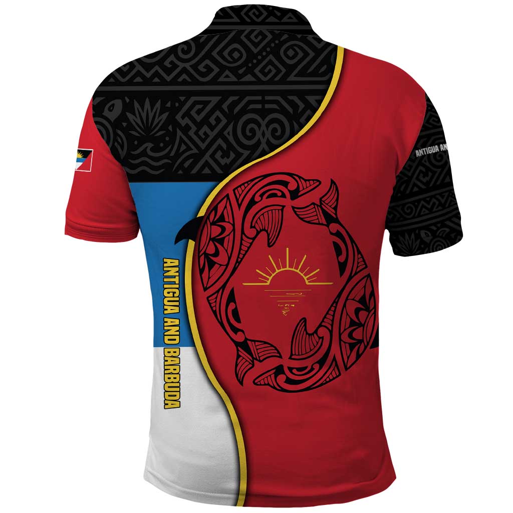 Antigua and Barbuda Tribal Polo Shirt with Polynesian Dolphin Sun Design with National Flag Colors - Wonder Print Shop