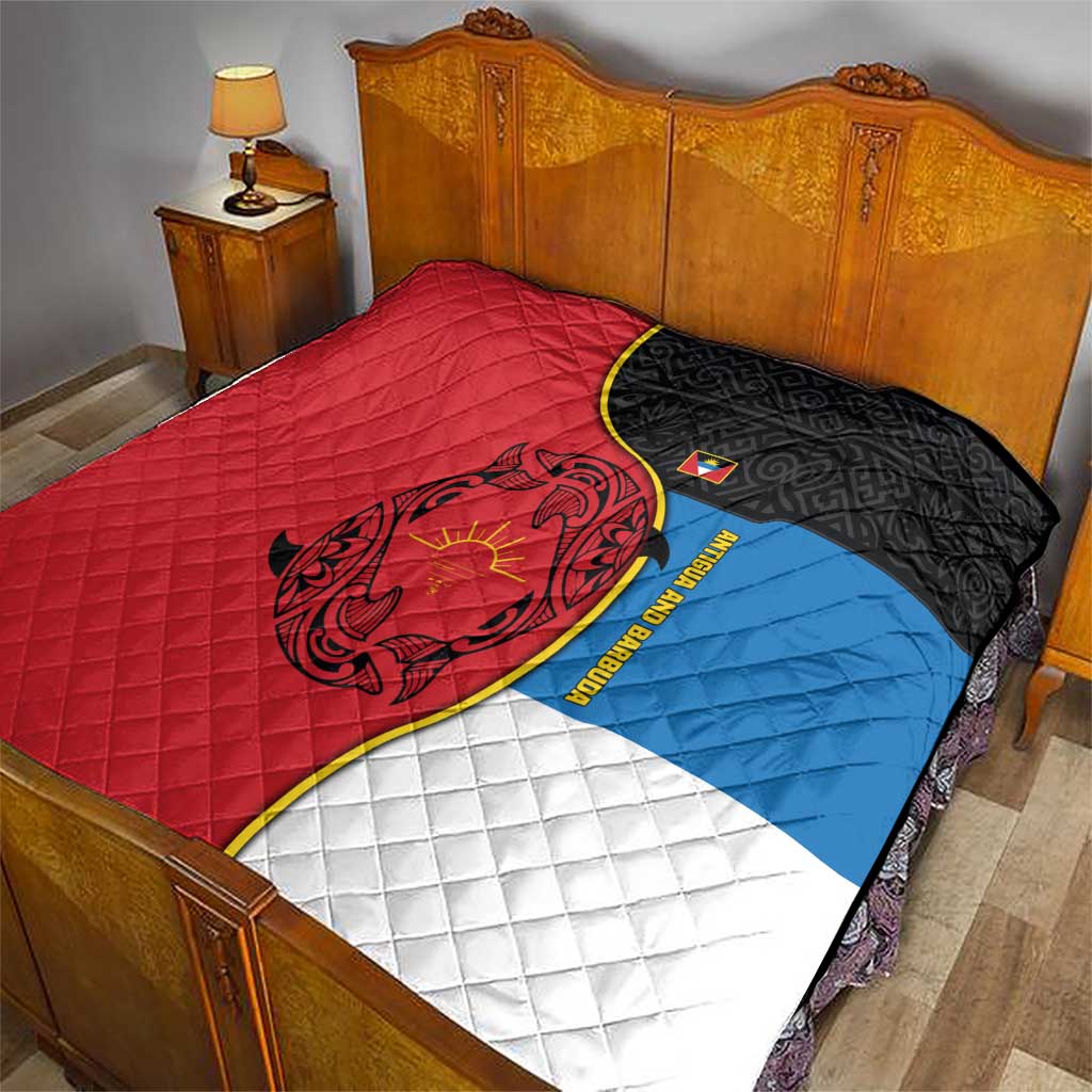 Antigua and Barbuda Tribal Quilt with Polynesian Dolphin Sun Design with National Flag Colors - Wonder Print Shop