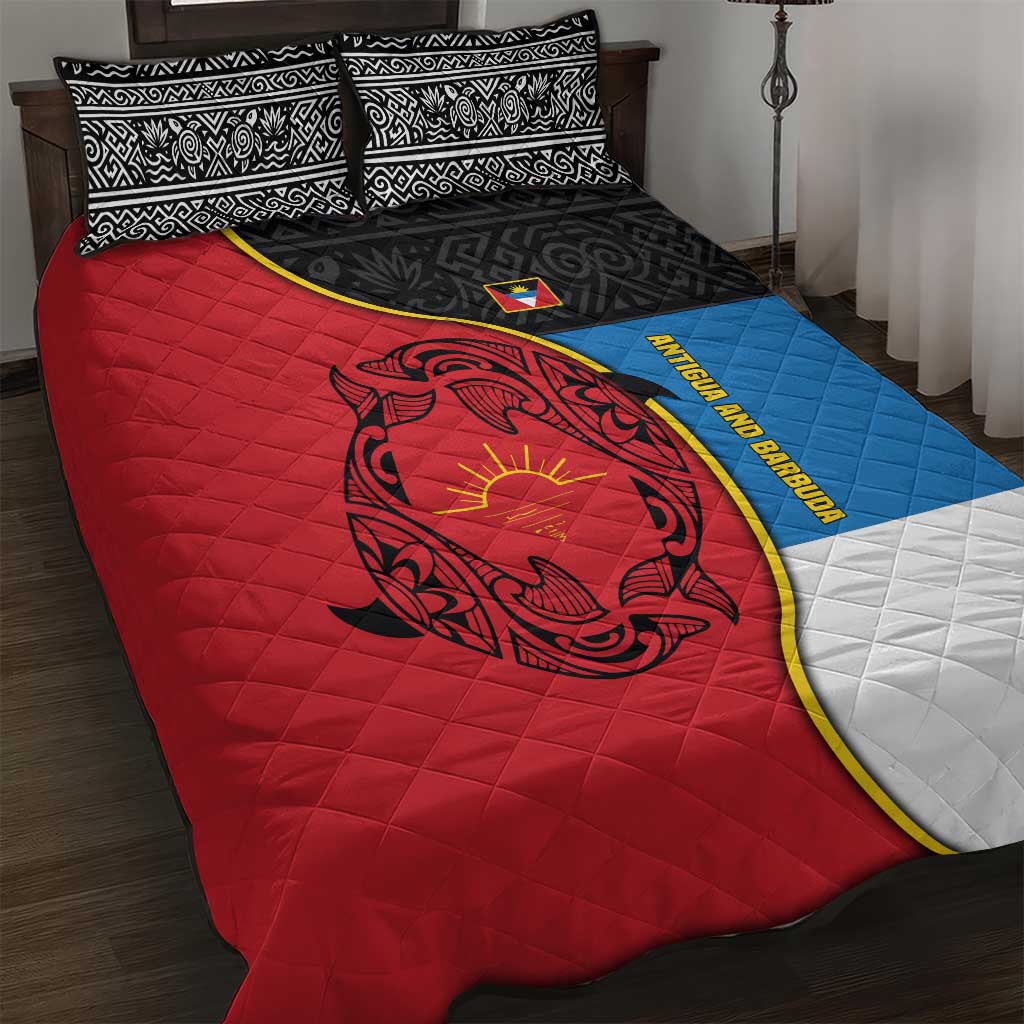 Antigua and Barbuda Tribal Quilt Bed Set with Polynesian Dolphin Sun Design with National Flag Colors - Wonder Print Shop