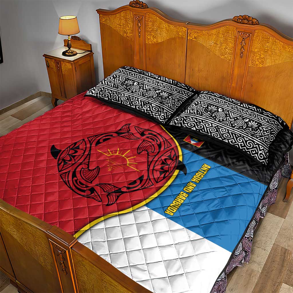 Antigua and Barbuda Tribal Quilt Bed Set with Polynesian Dolphin Sun Design with National Flag Colors - Wonder Print Shop