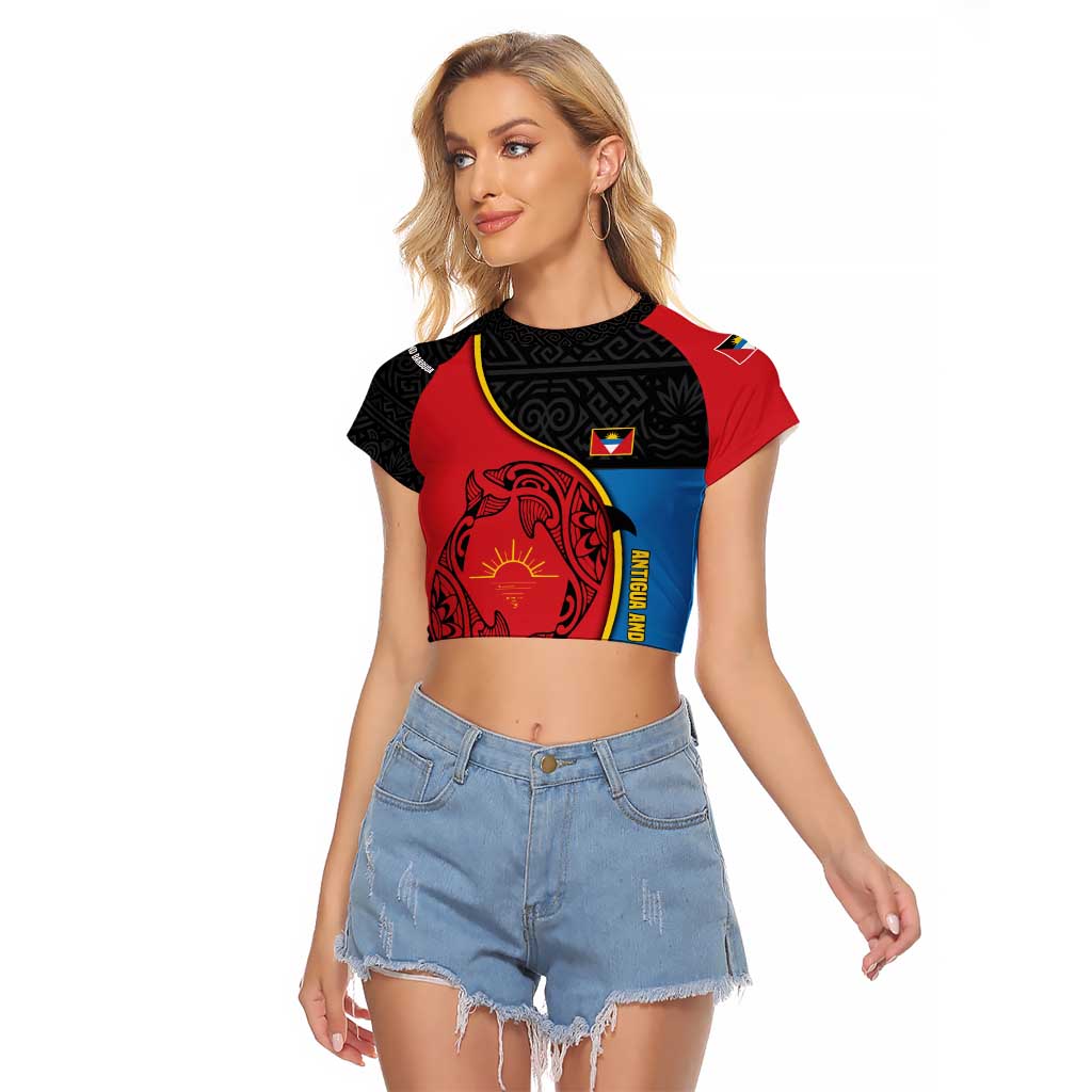 Antigua and Barbuda Tribal Raglan Cropped T Shirt with Polynesian Dolphin Sun Design with National Flag Colors - Wonder Print Shop