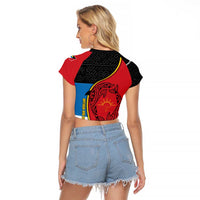 Antigua and Barbuda Tribal Raglan Cropped T Shirt with Polynesian Dolphin Sun Design with National Flag Colors - Wonder Print Shop