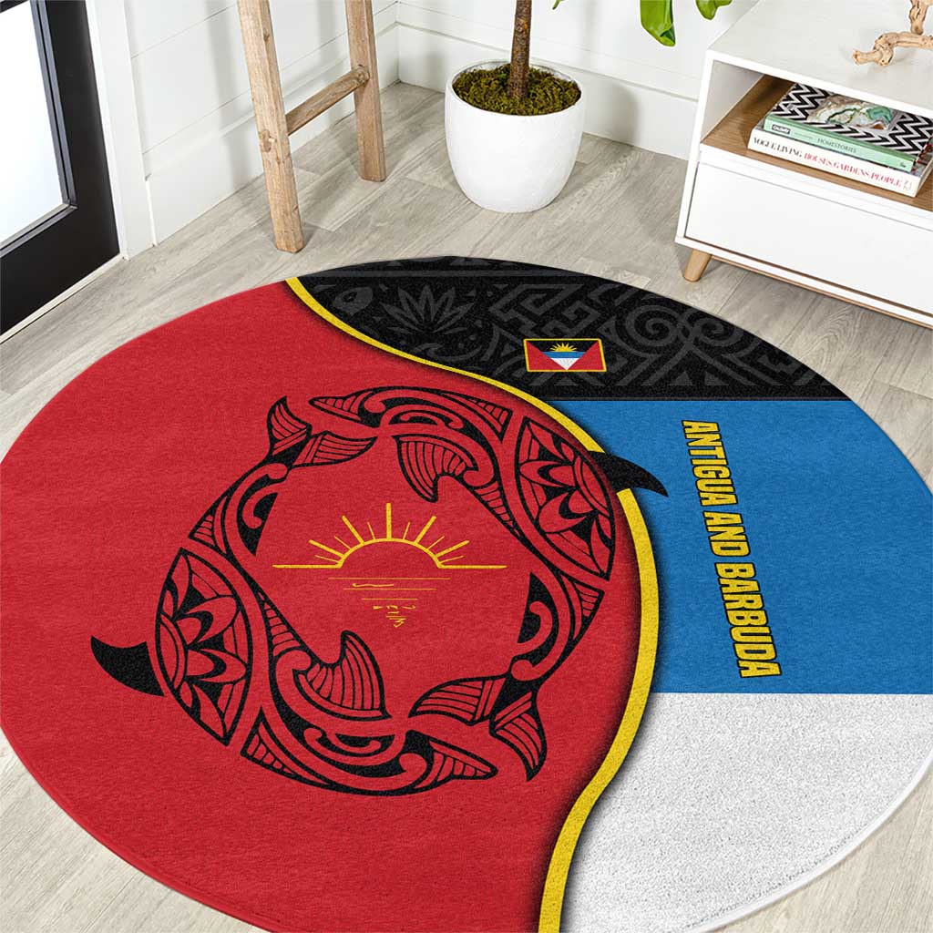 Antigua and Barbuda Tribal Round Carpet with Polynesian Dolphin Sun Design with National Flag Colors - Wonder Print Shop