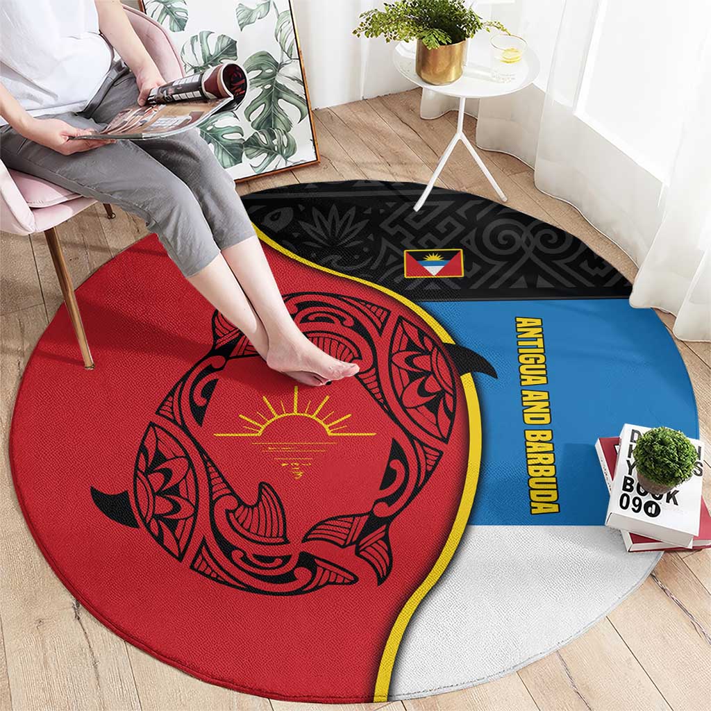 Antigua and Barbuda Tribal Round Carpet with Polynesian Dolphin Sun Design with National Flag Colors - Wonder Print Shop