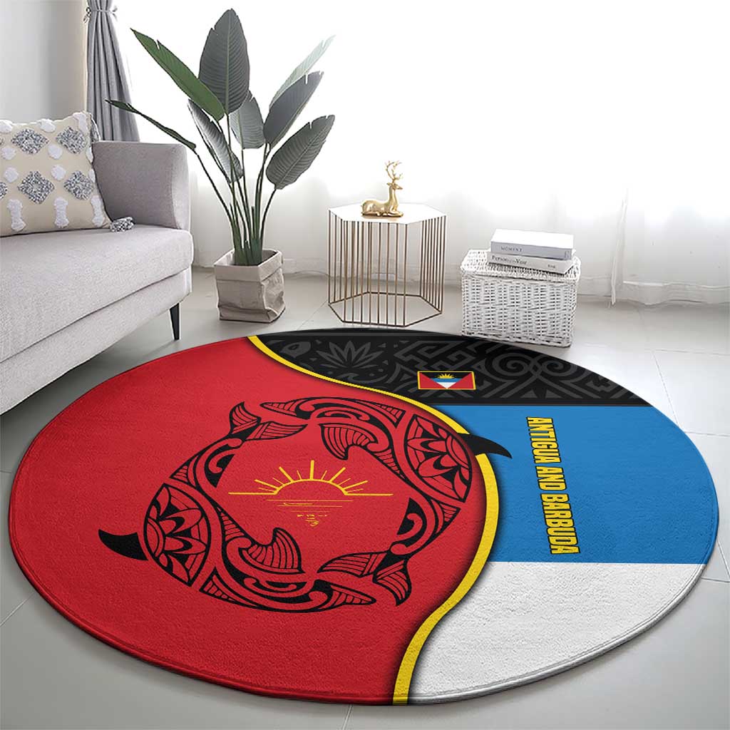 Antigua and Barbuda Tribal Round Carpet with Polynesian Dolphin Sun Design with National Flag Colors - Wonder Print Shop