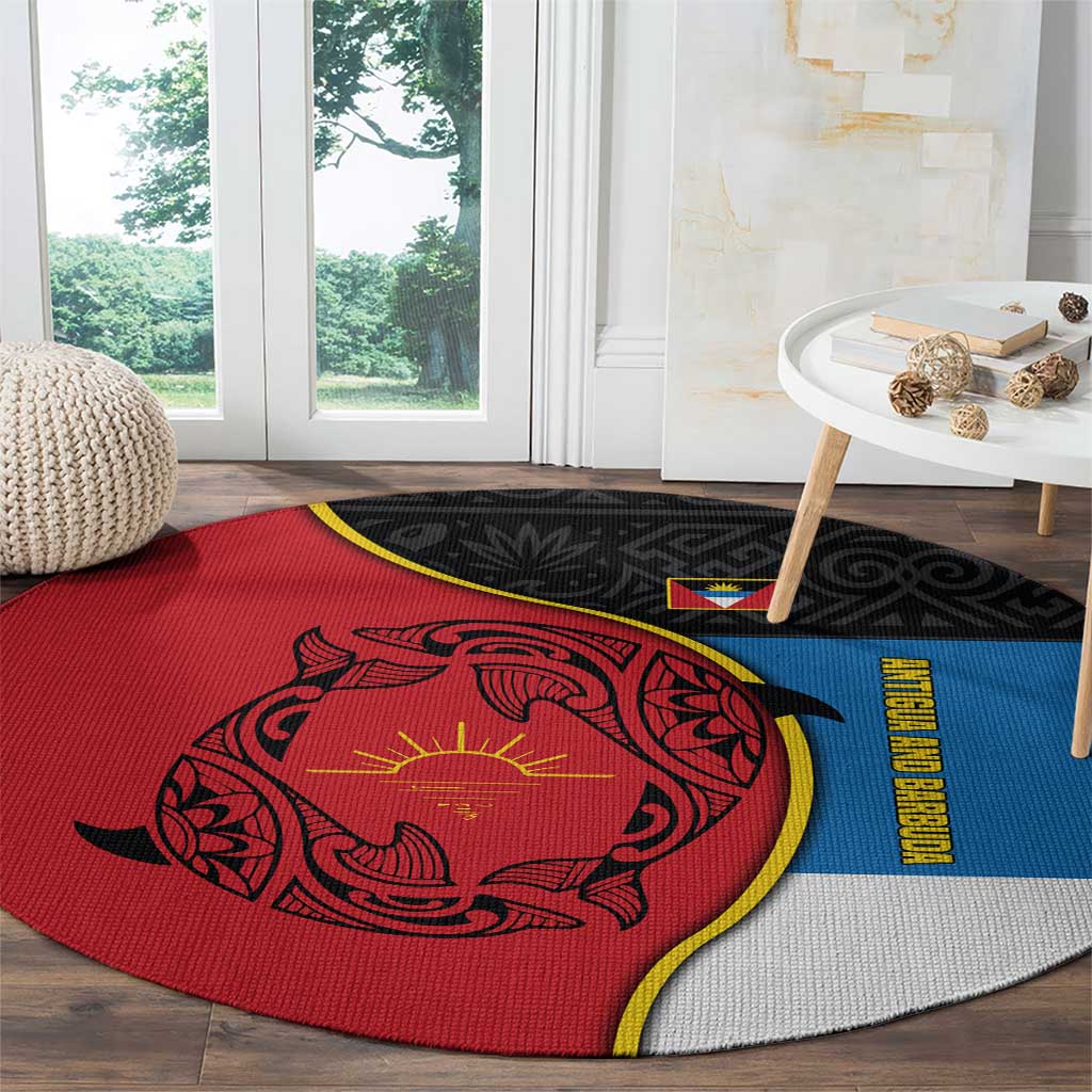 Antigua and Barbuda Tribal Round Carpet with Polynesian Dolphin Sun Design with National Flag Colors - Wonder Print Shop