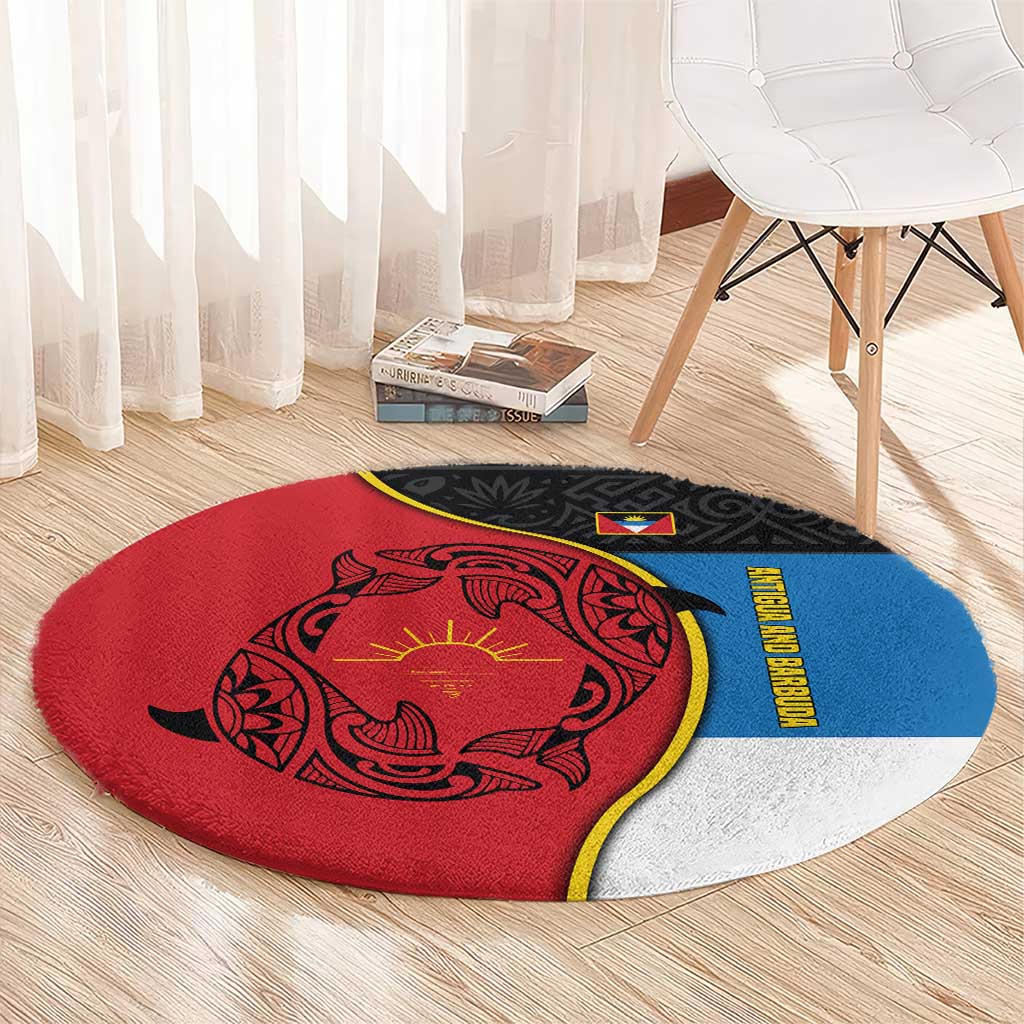 Antigua and Barbuda Tribal Round Carpet with Polynesian Dolphin Sun Design with National Flag Colors - Wonder Print Shop