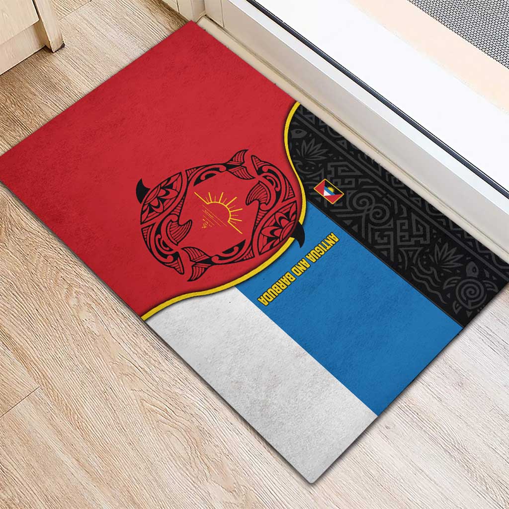 Antigua and Barbuda Tribal Rubber Doormat with Polynesian Dolphin Sun Design with National Flag Colors - Wonder Print Shop