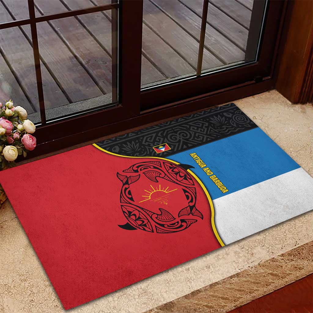 Antigua and Barbuda Tribal Rubber Doormat with Polynesian Dolphin Sun Design with National Flag Colors - Wonder Print Shop