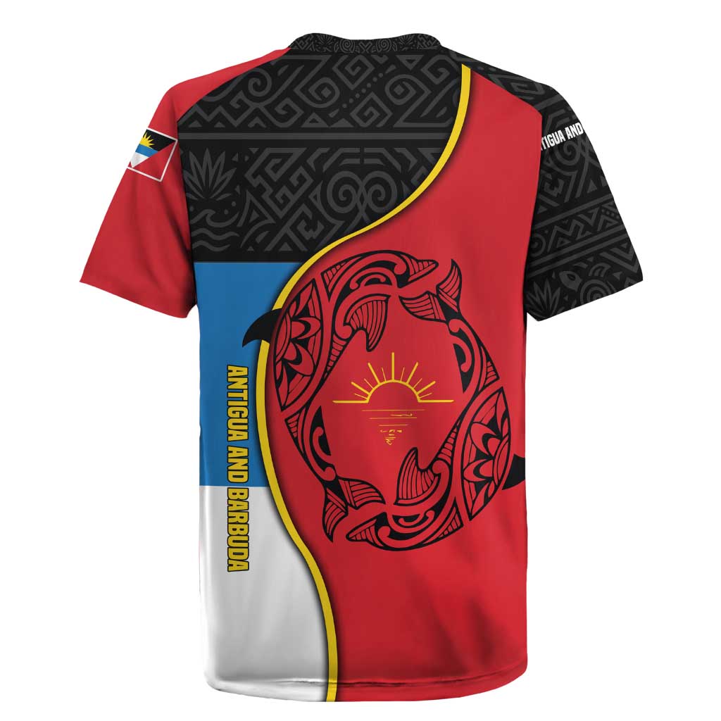 Antigua and Barbuda Tribal Rugby Jersey with Polynesian Dolphin Sun Design with National Flag Colors - Wonder Print Shop