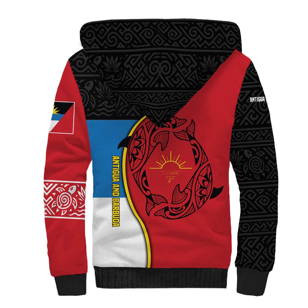 Antigua and Barbuda Tribal Sherpa Hoodie with Polynesian Dolphin Sun Design with National Flag Colors - Wonder Print Shop