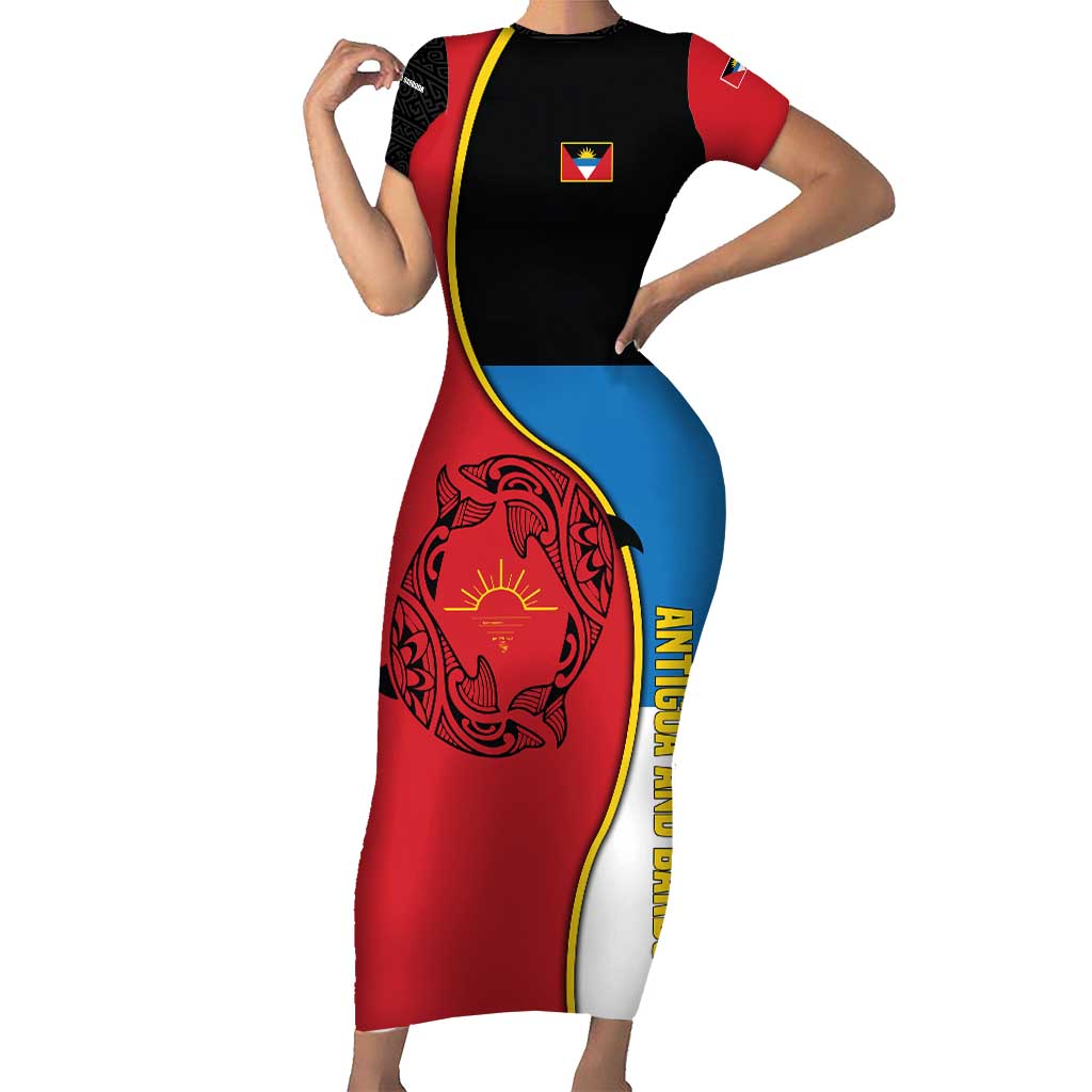 Antigua and Barbuda Tribal Short Sleeve Bodycon Dress with Polynesian Dolphin Sun Design with National Flag Colors - Wonder Print Shop