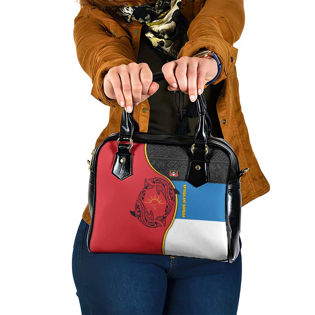 Antigua and Barbuda Tribal Shoulder Handbag with Polynesian Dolphin Sun Design with National Flag Colors - Wonder Print Shop
