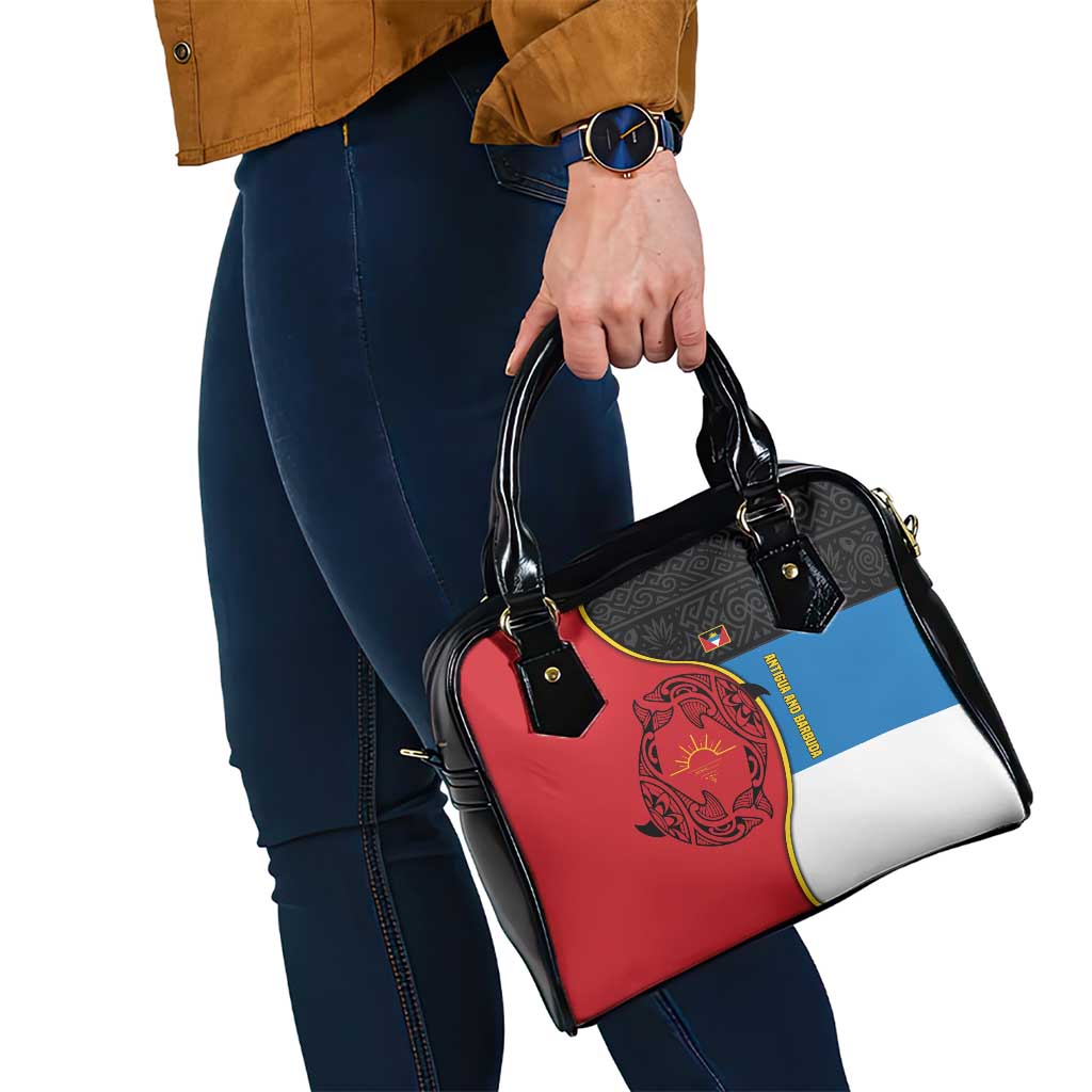Antigua and Barbuda Tribal Shoulder Handbag with Polynesian Dolphin Sun Design with National Flag Colors - Wonder Print Shop