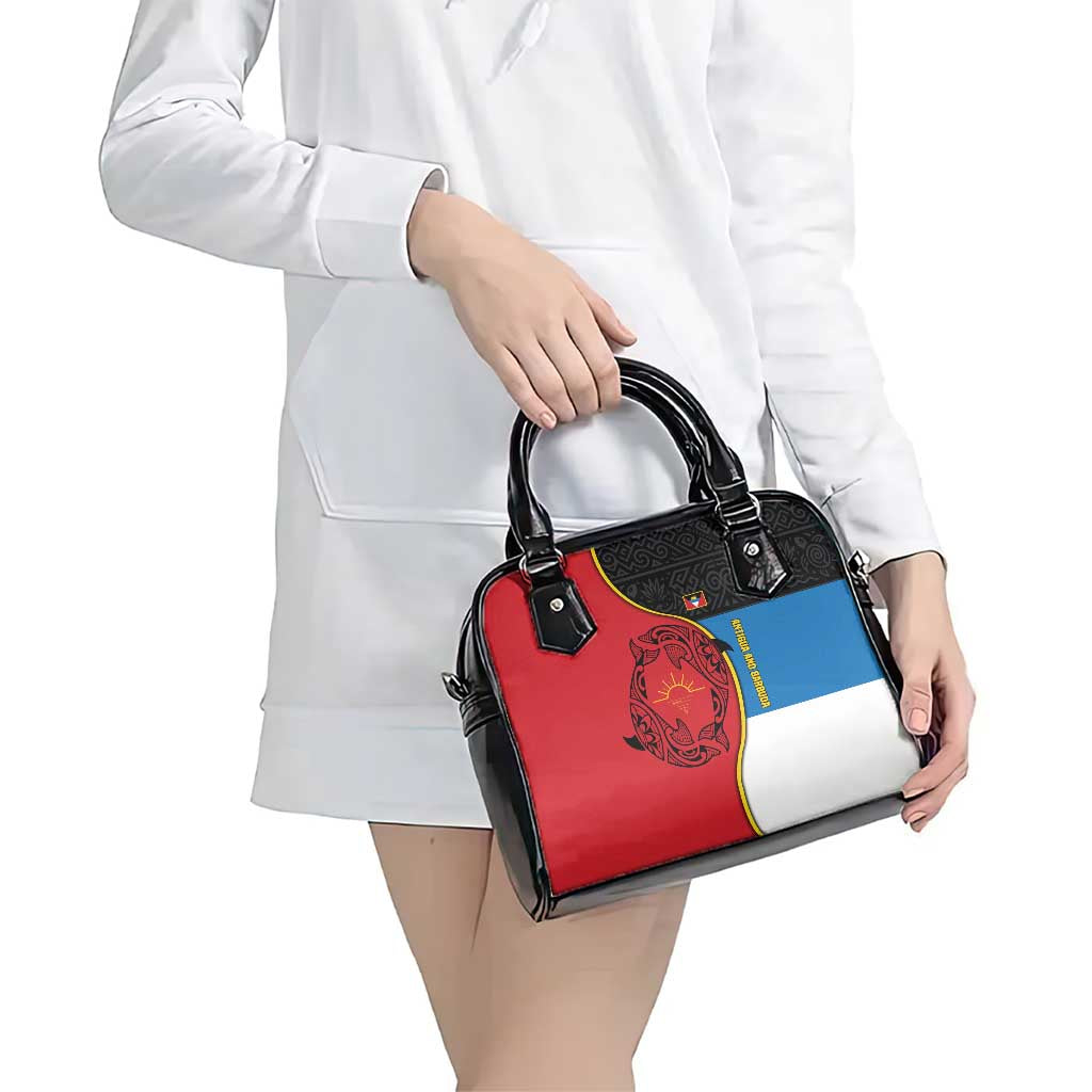 Antigua and Barbuda Tribal Shoulder Handbag with Polynesian Dolphin Sun Design with National Flag Colors - Wonder Print Shop