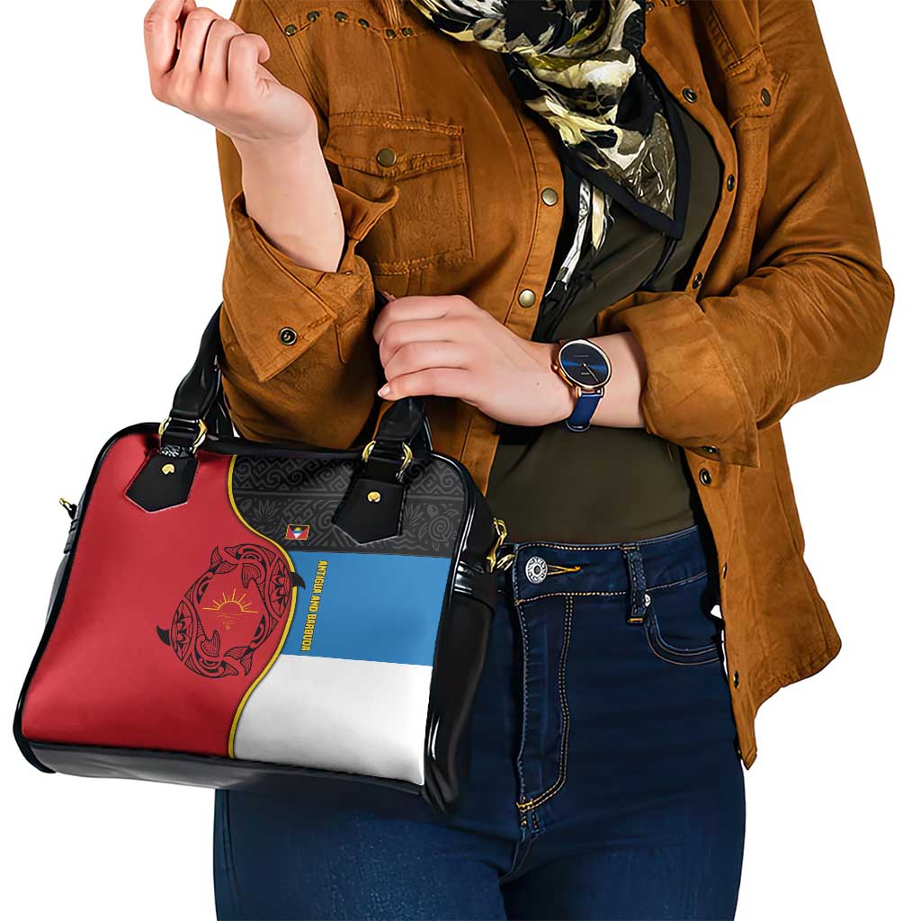 Antigua and Barbuda Tribal Shoulder Handbag with Polynesian Dolphin Sun Design with National Flag Colors - Wonder Print Shop
