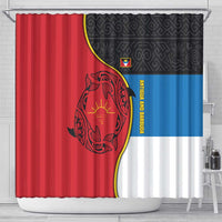 Antigua and Barbuda Tribal Shower Curtain with Polynesian Dolphin Sun Design with National Flag Colors - Wonder Print Shop