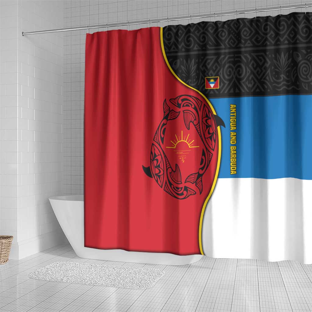 Antigua and Barbuda Tribal Shower Curtain with Polynesian Dolphin Sun Design with National Flag Colors - Wonder Print Shop