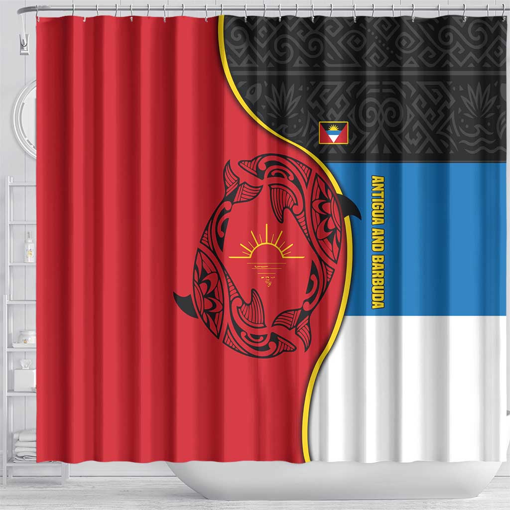 Antigua and Barbuda Tribal Shower Curtain with Polynesian Dolphin Sun Design with National Flag Colors - Wonder Print Shop