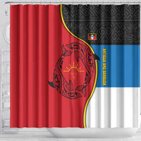 Antigua and Barbuda Tribal Shower Curtain with Polynesian Dolphin Sun Design with National Flag Colors - Wonder Print Shop