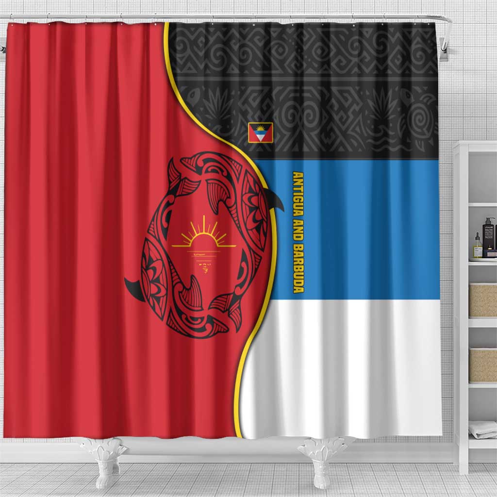 Antigua and Barbuda Tribal Shower Curtain with Polynesian Dolphin Sun Design with National Flag Colors - Wonder Print Shop