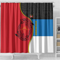 Antigua and Barbuda Tribal Shower Curtain with Polynesian Dolphin Sun Design with National Flag Colors - Wonder Print Shop