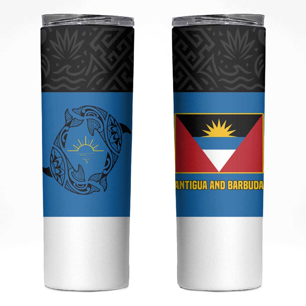 Antigua and Barbuda Tribal Skinny Tumbler with Polynesian Dolphin Sun Design with National Flag Colors - Wonder Print Shop