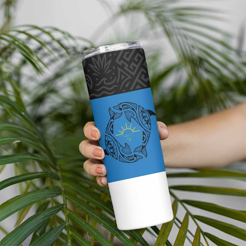 Antigua and Barbuda Tribal Skinny Tumbler with Polynesian Dolphin Sun Design with National Flag Colors - Wonder Print Shop