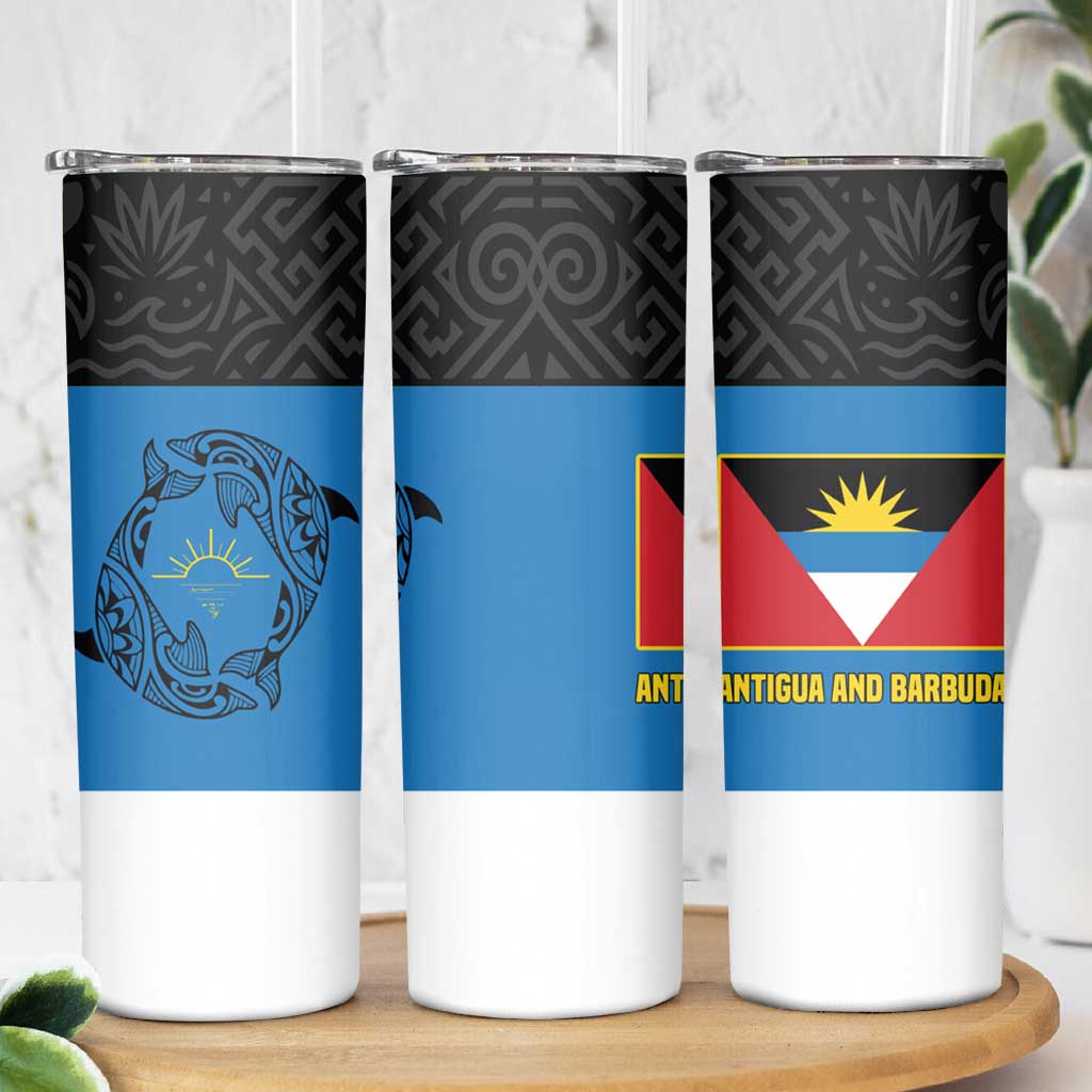 Antigua and Barbuda Tribal Skinny Tumbler with Polynesian Dolphin Sun Design with National Flag Colors - Wonder Print Shop