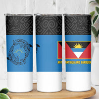 Antigua and Barbuda Tribal Skinny Tumbler with Polynesian Dolphin Sun Design with National Flag Colors - Wonder Print Shop