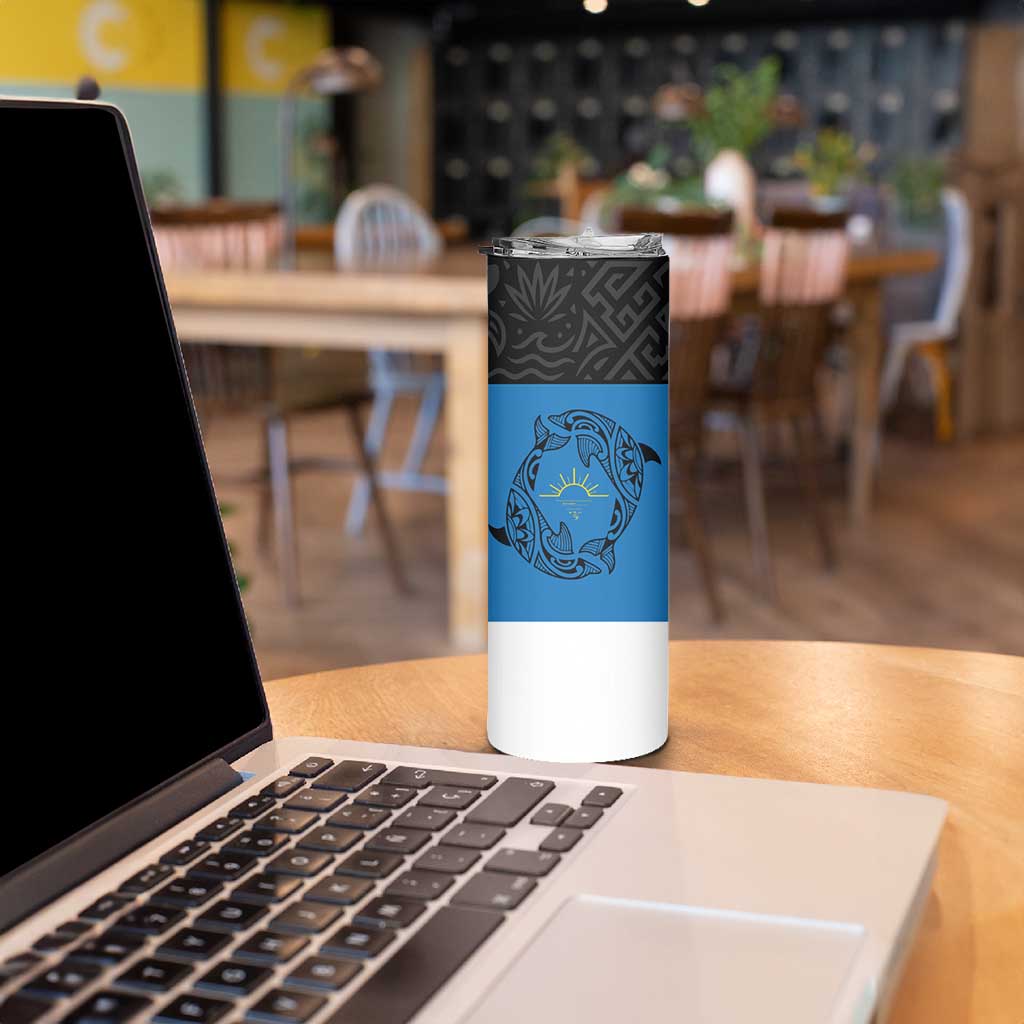 Antigua and Barbuda Tribal Skinny Tumbler with Polynesian Dolphin Sun Design with National Flag Colors - Wonder Print Shop