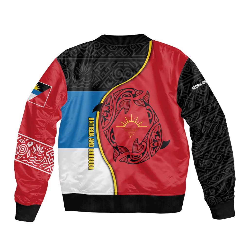 Antigua and Barbuda Tribal Sleeve Zip Bomber Jacket with Polynesian Dolphin Sun Design with National Flag Colors - Wonder Print Shop