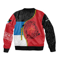 Antigua and Barbuda Tribal Sleeve Zip Bomber Jacket with Polynesian Dolphin Sun Design with National Flag Colors - Wonder Print Shop
