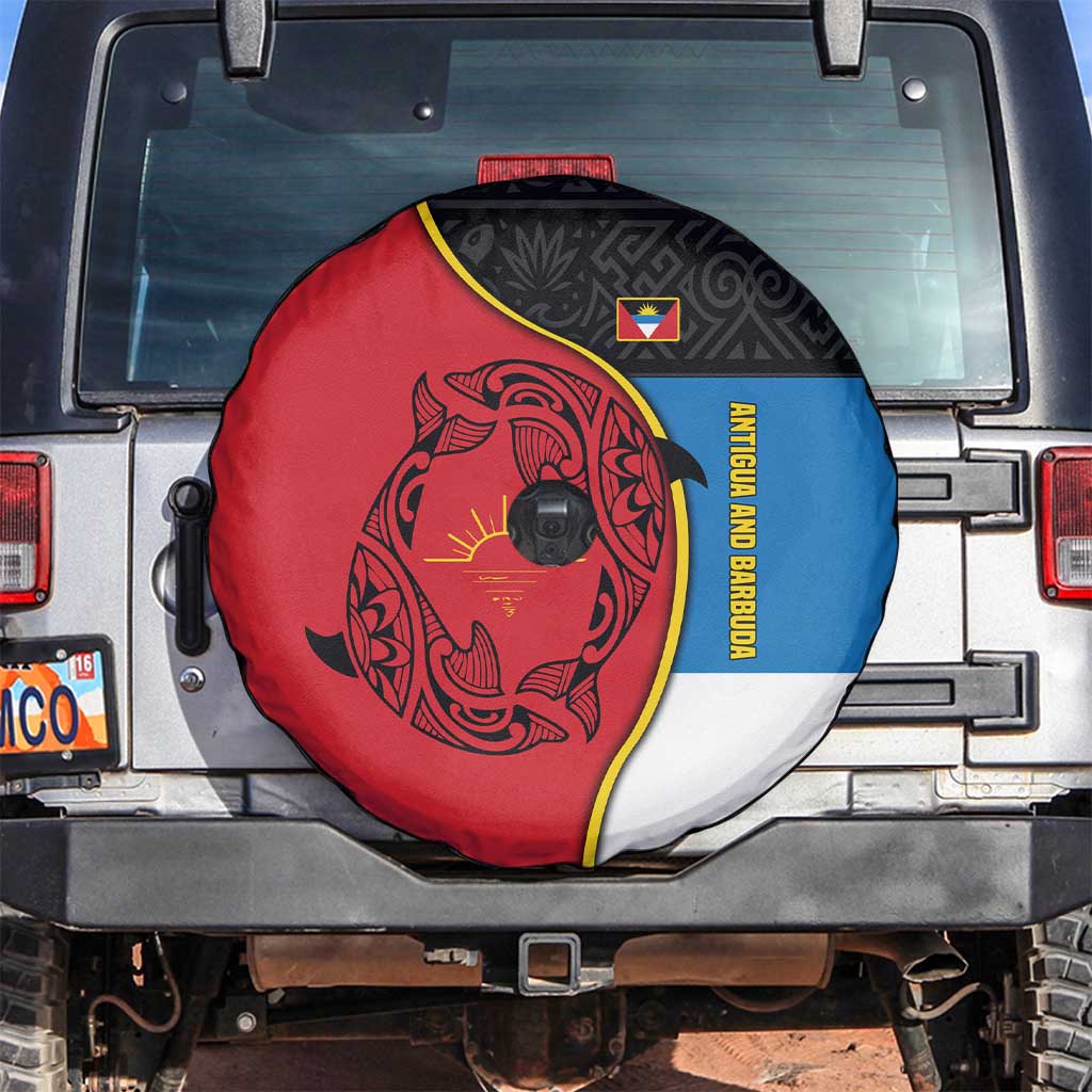 Antigua and Barbuda Tribal Spare Tire Cover with Polynesian Dolphin Sun Design with National Flag Colors - Wonder Print Shop