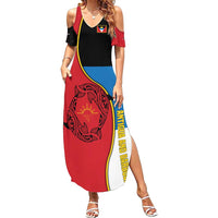 Antigua and Barbuda Tribal Summer Maxi Dress with Polynesian Dolphin Sun Design with National Flag Colors - Wonder Print Shop
