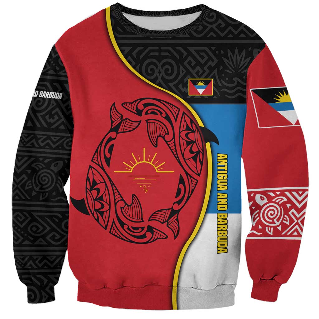 Antigua and Barbuda Tribal Sweatshirt with Polynesian Dolphin Sun Design with National Flag Colors - Wonder Print Shop