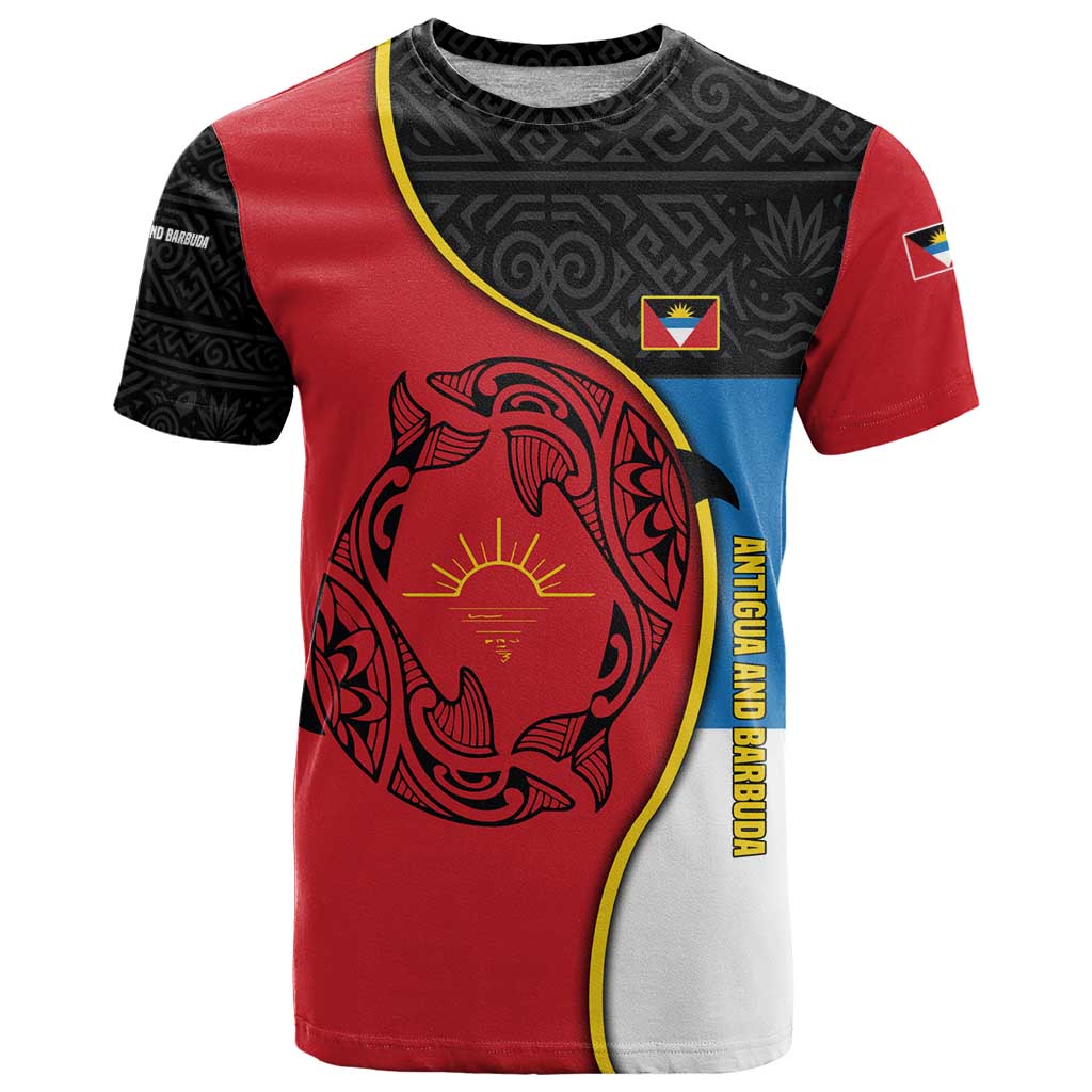 Antigua and Barbuda Tribal T Shirt with Polynesian Dolphin Sun Design with National Flag Colors - Wonder Print Shop