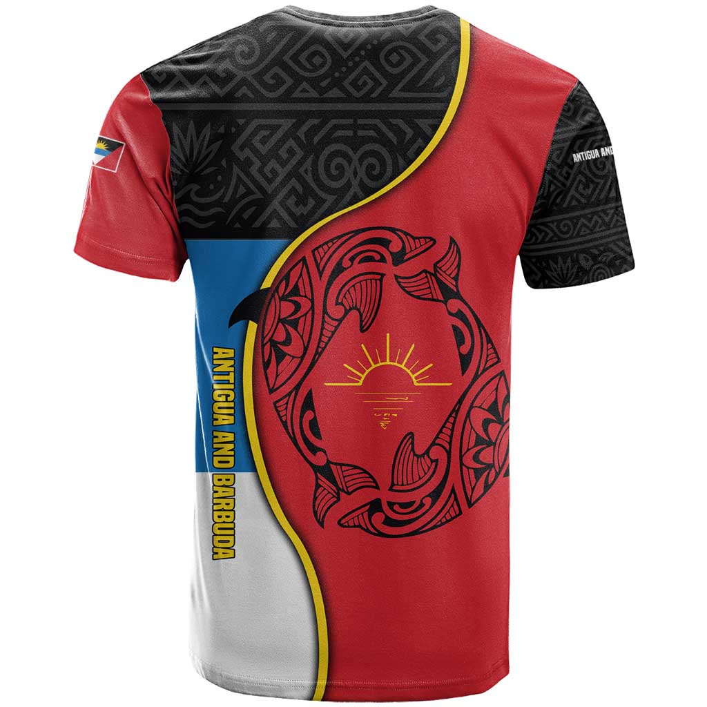 Antigua and Barbuda Tribal T Shirt with Polynesian Dolphin Sun Design with National Flag Colors - Wonder Print Shop