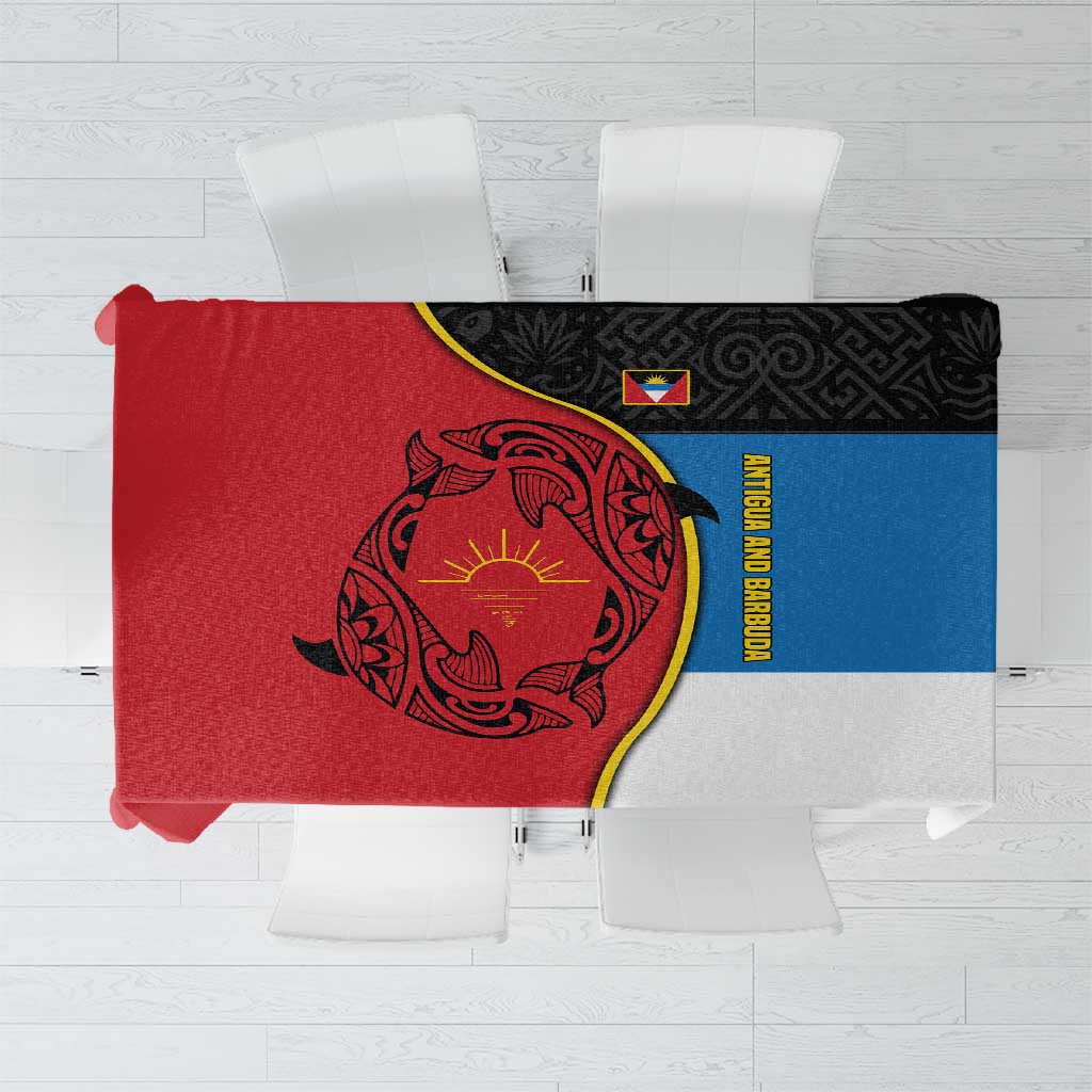 Antigua and Barbuda Tribal Tablecloth with Polynesian Dolphin Sun Design with National Flag Colors - Wonder Print Shop