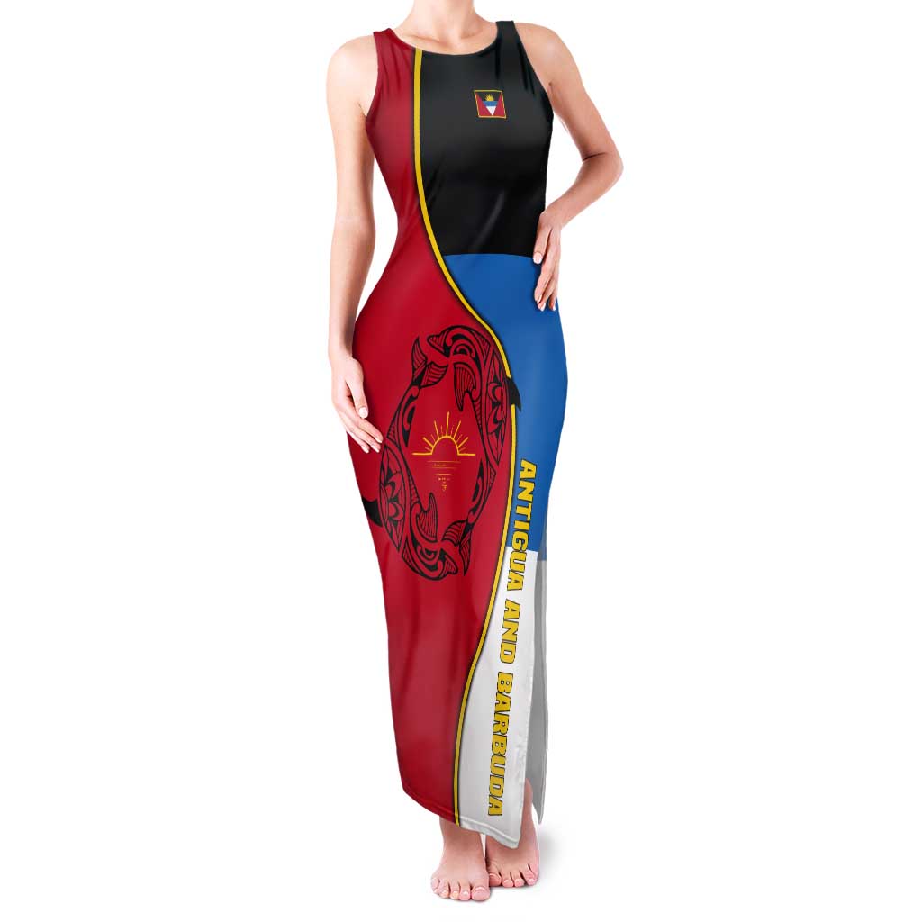 Antigua and Barbuda Tribal Tank Maxi Dress with Polynesian Dolphin Sun Design with National Flag Colors - Wonder Print Shop