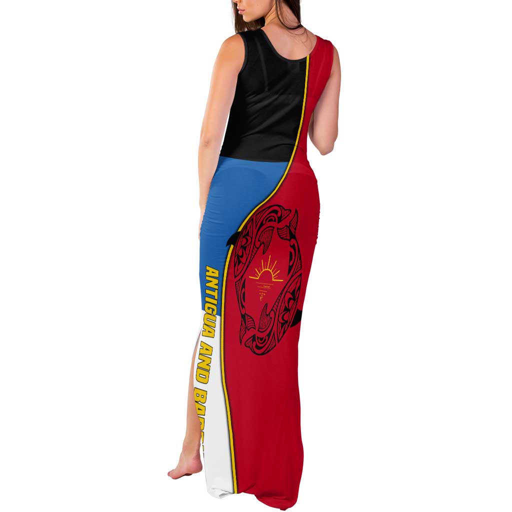 Antigua and Barbuda Tribal Tank Maxi Dress with Polynesian Dolphin Sun Design with National Flag Colors - Wonder Print Shop