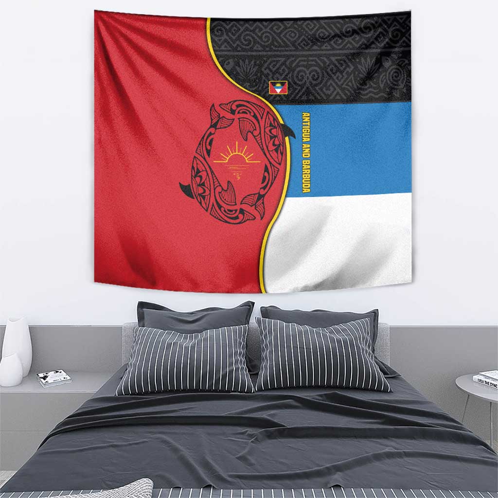 Antigua and Barbuda Tribal Tapestry with Polynesian Dolphin Sun Design with National Flag Colors - Wonder Print Shop