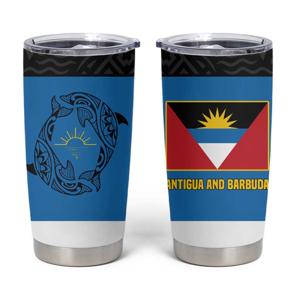 Antigua and Barbuda Tribal Tumbler Cup with Polynesian Dolphin Sun Design with National Flag Colors - Wonder Print Shop