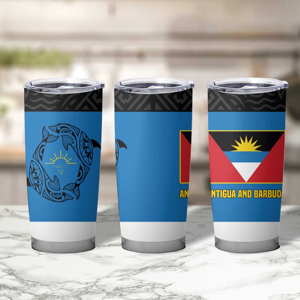 Antigua and Barbuda Tribal Tumbler Cup with Polynesian Dolphin Sun Design with National Flag Colors - Wonder Print Shop