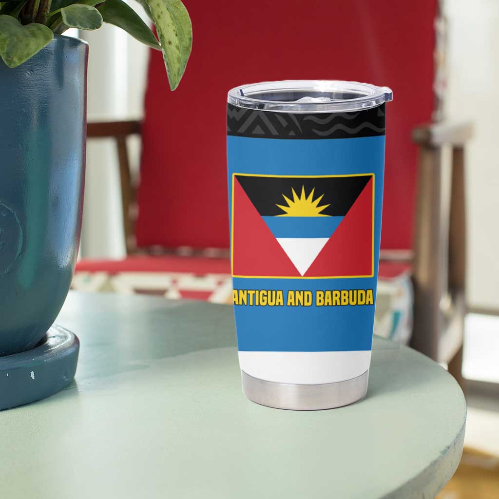 Antigua and Barbuda Tribal Tumbler Cup with Polynesian Dolphin Sun Design with National Flag Colors - Wonder Print Shop