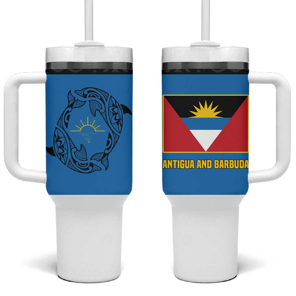 Antigua and Barbuda Tribal Tumbler With Handle with Polynesian Dolphin Sun Design with National Flag Colors - Wonder Print Shop